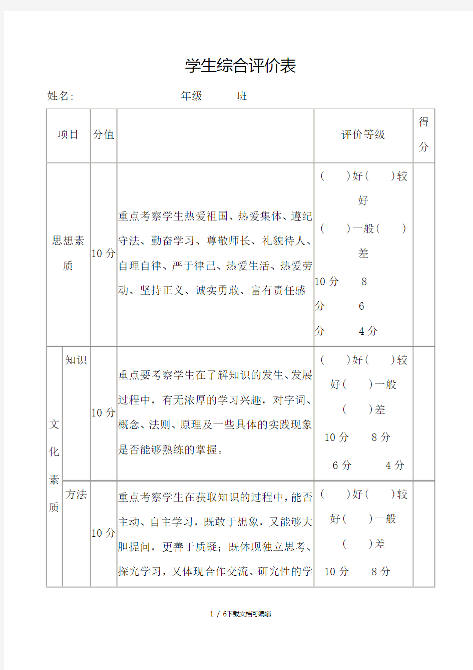 学生综合评价表