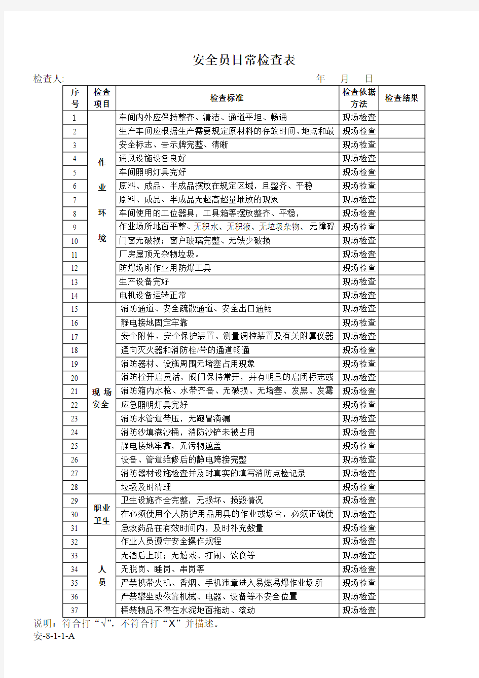 安全员日常检查表