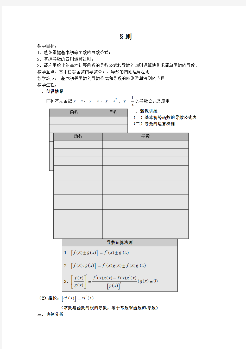 数学基本初等函数的导数公式及导数的运算法则教案