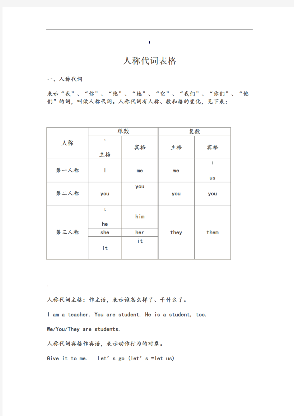 英语人称代词表格