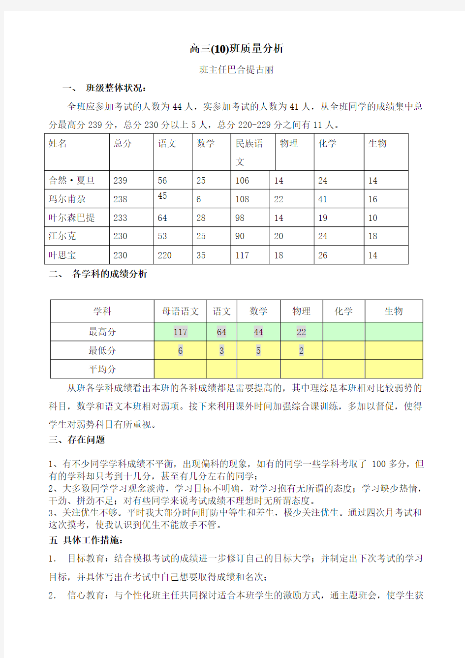 高三(10)班模拟考试质量分析 (1)