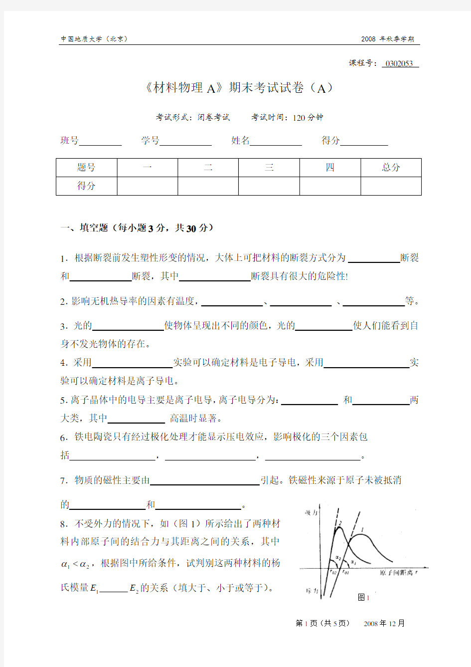 2008材料物理考题A