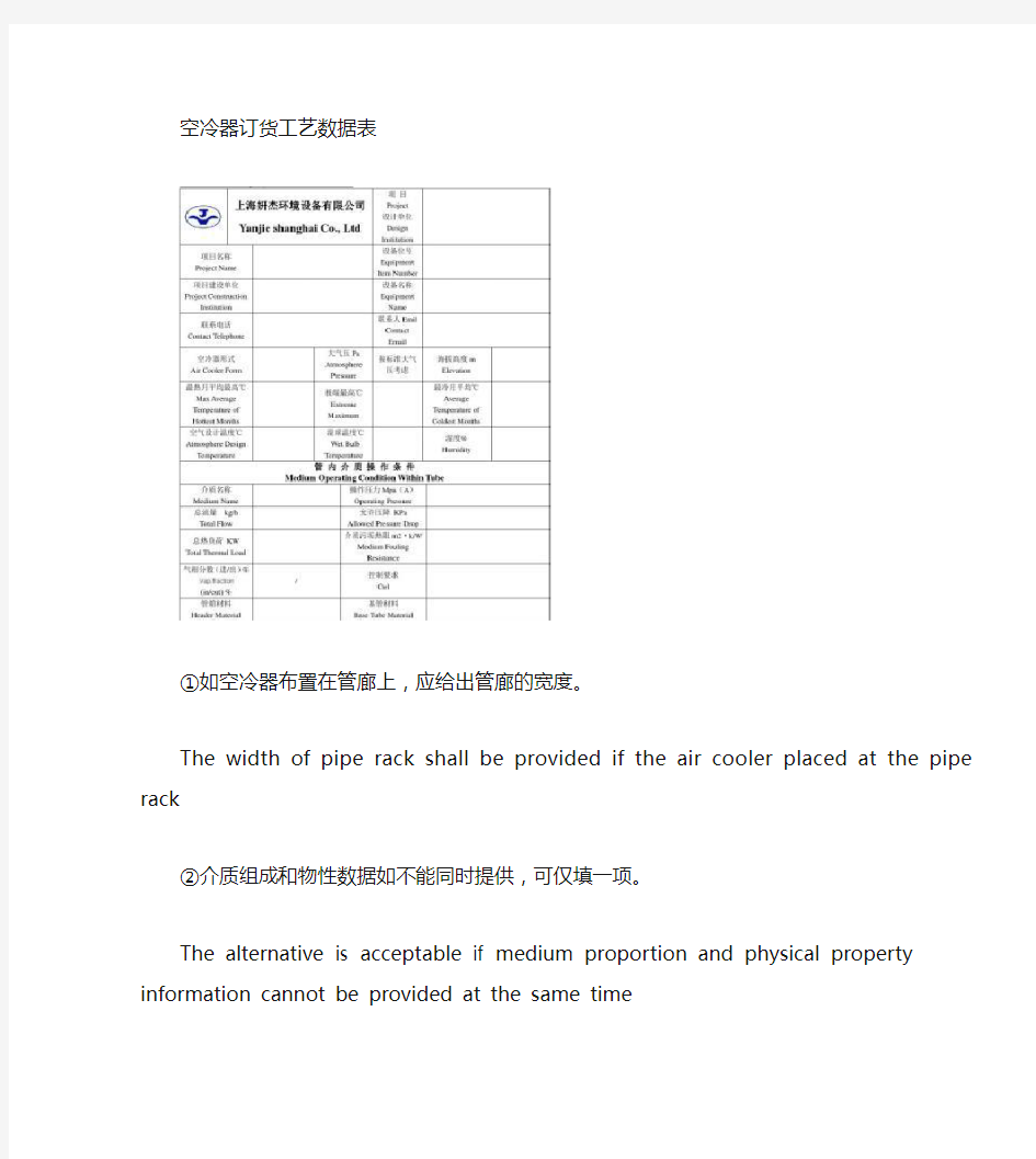 哈空调空冷器选型参数需求表(精)