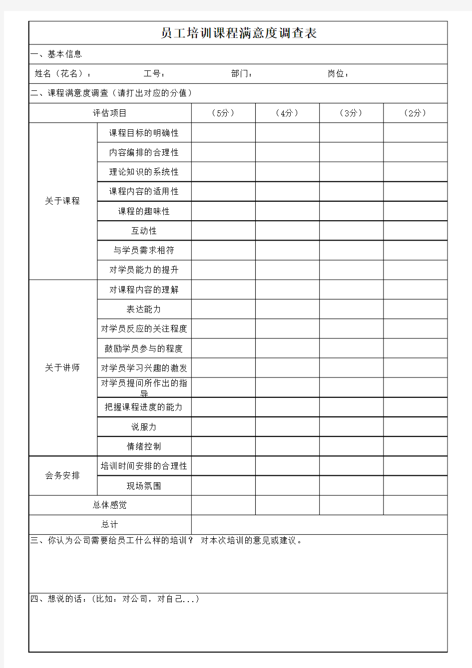 入职培训课程满意度调查表问卷