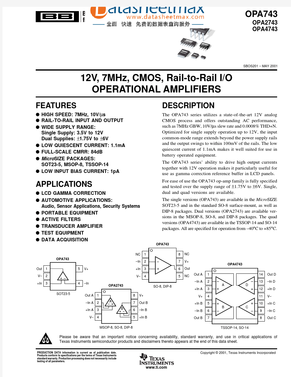 IC datasheet pdf-OPA743,OPA2743,OPA4743,pdf(CMOS, Rail-to-Rail, I_O Operational Amplifiers)