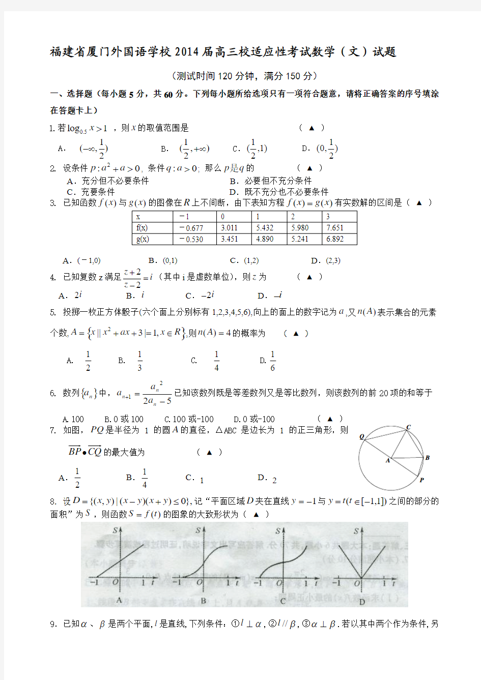 福建省厦门外国语学校2014届高三校适应性考试数学(文)试题 Word版含答案