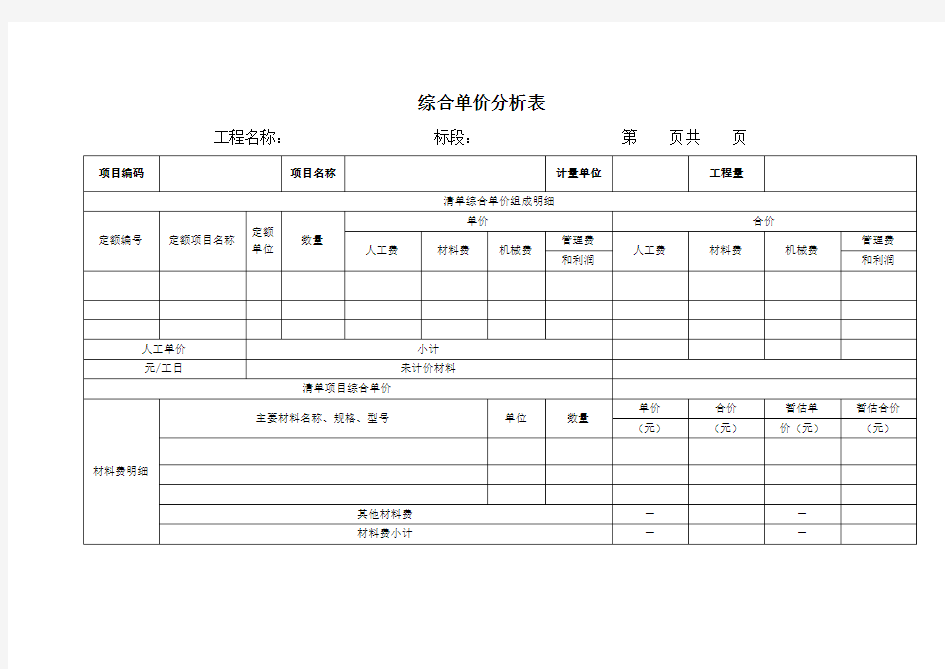 造价综合单价分析表