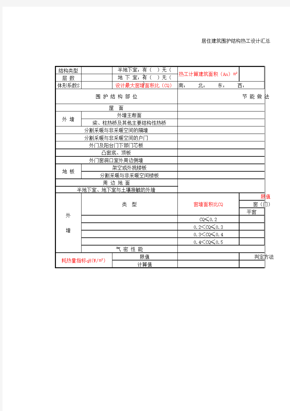 居住建筑围护结构热工设计汇总表