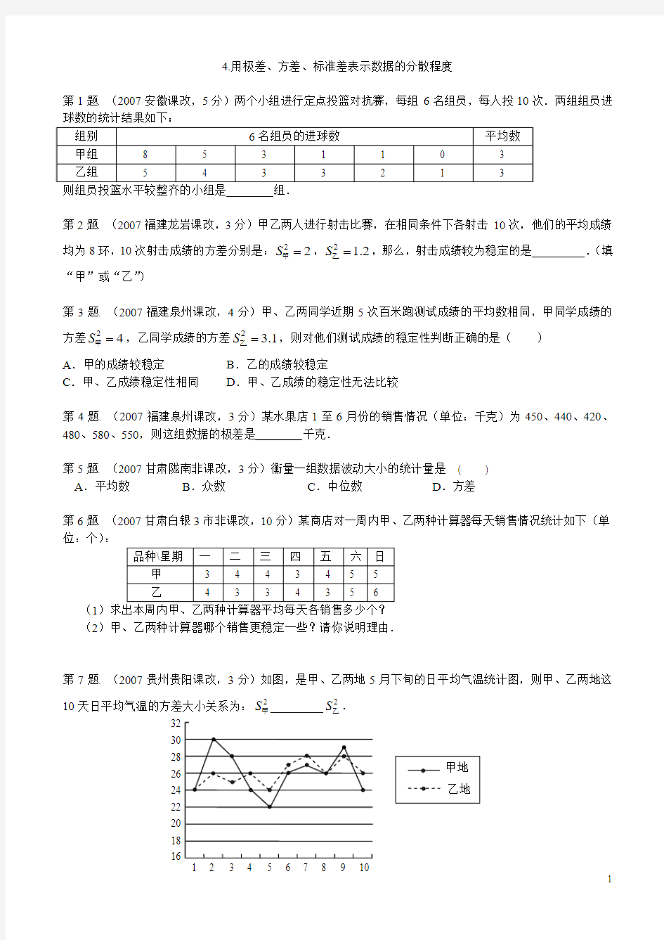 2007中考真题分类汇编_用极差、方差、标准差表示数据的分散程度