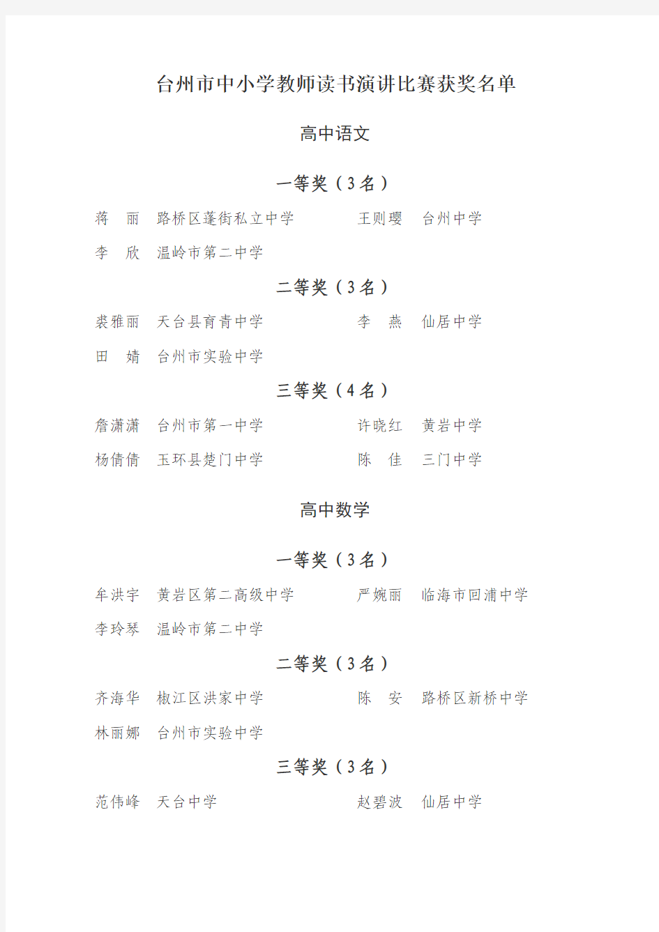 台州市中小学教师读书演讲比赛获奖名单