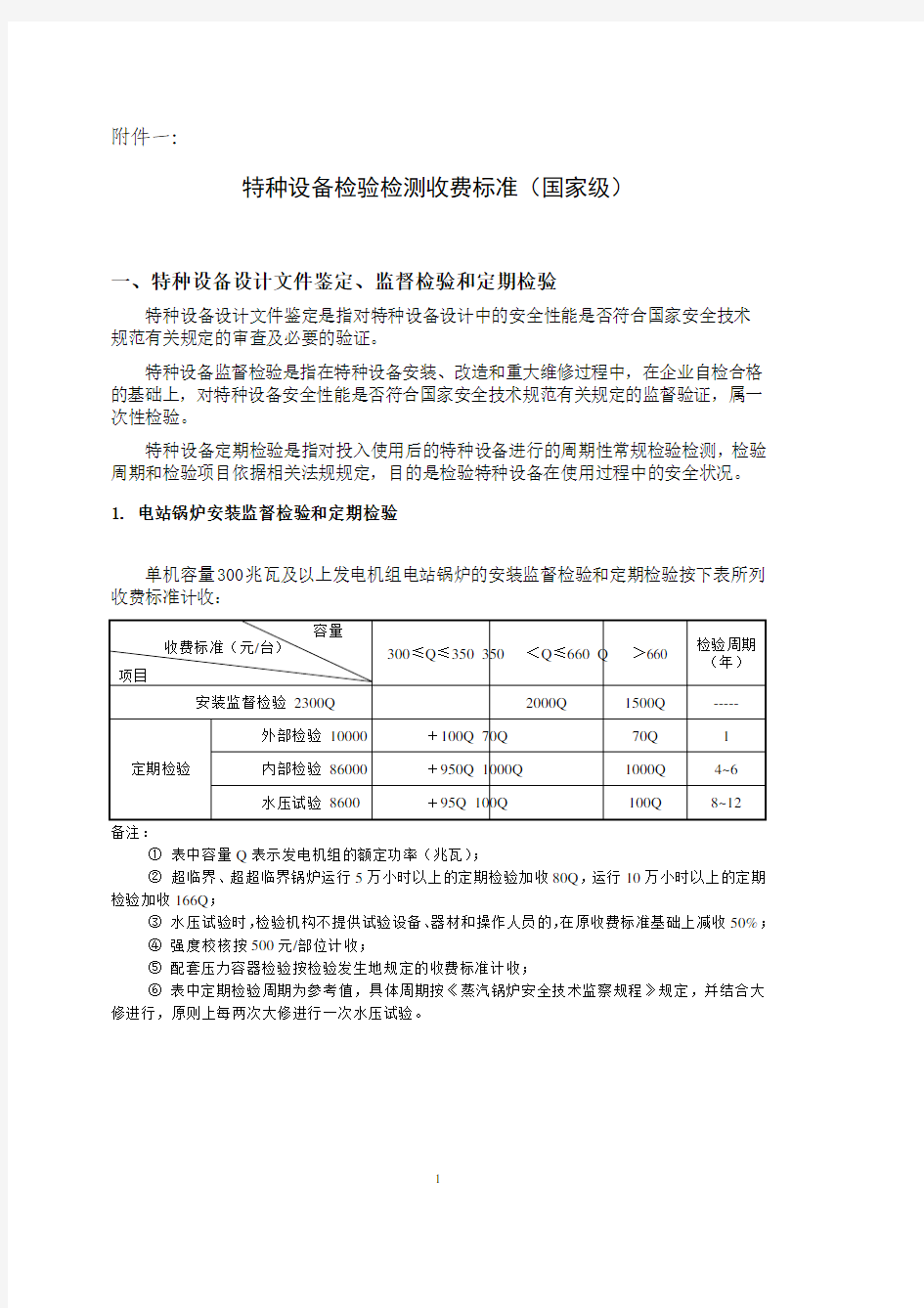 特种设备检验检测收费标准 国家级 