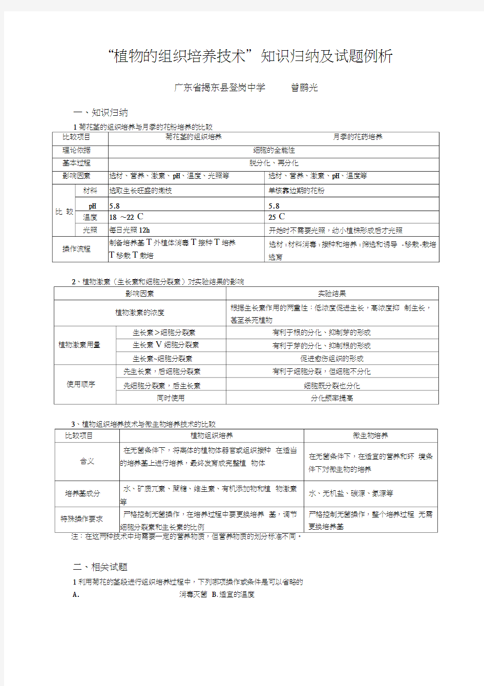 “植物的组织培养技术”知识归纳及试题例析