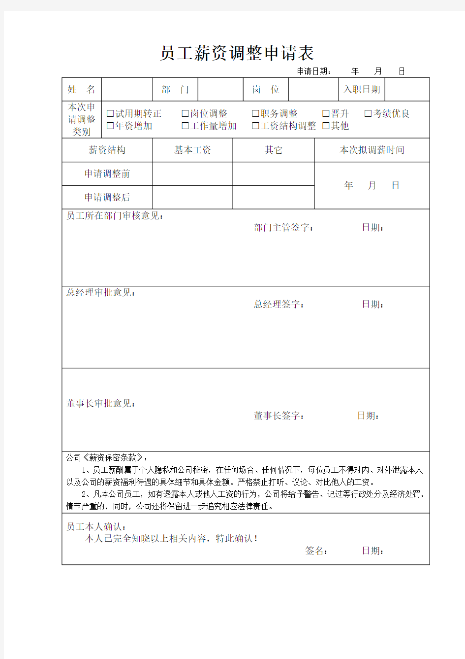 员工薪资调整申请表整理