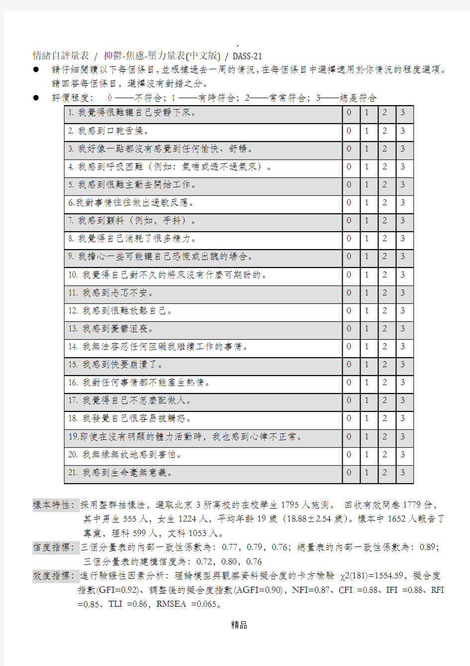 情绪自评量表(DASS-21), 抑郁-焦虑-压力量表