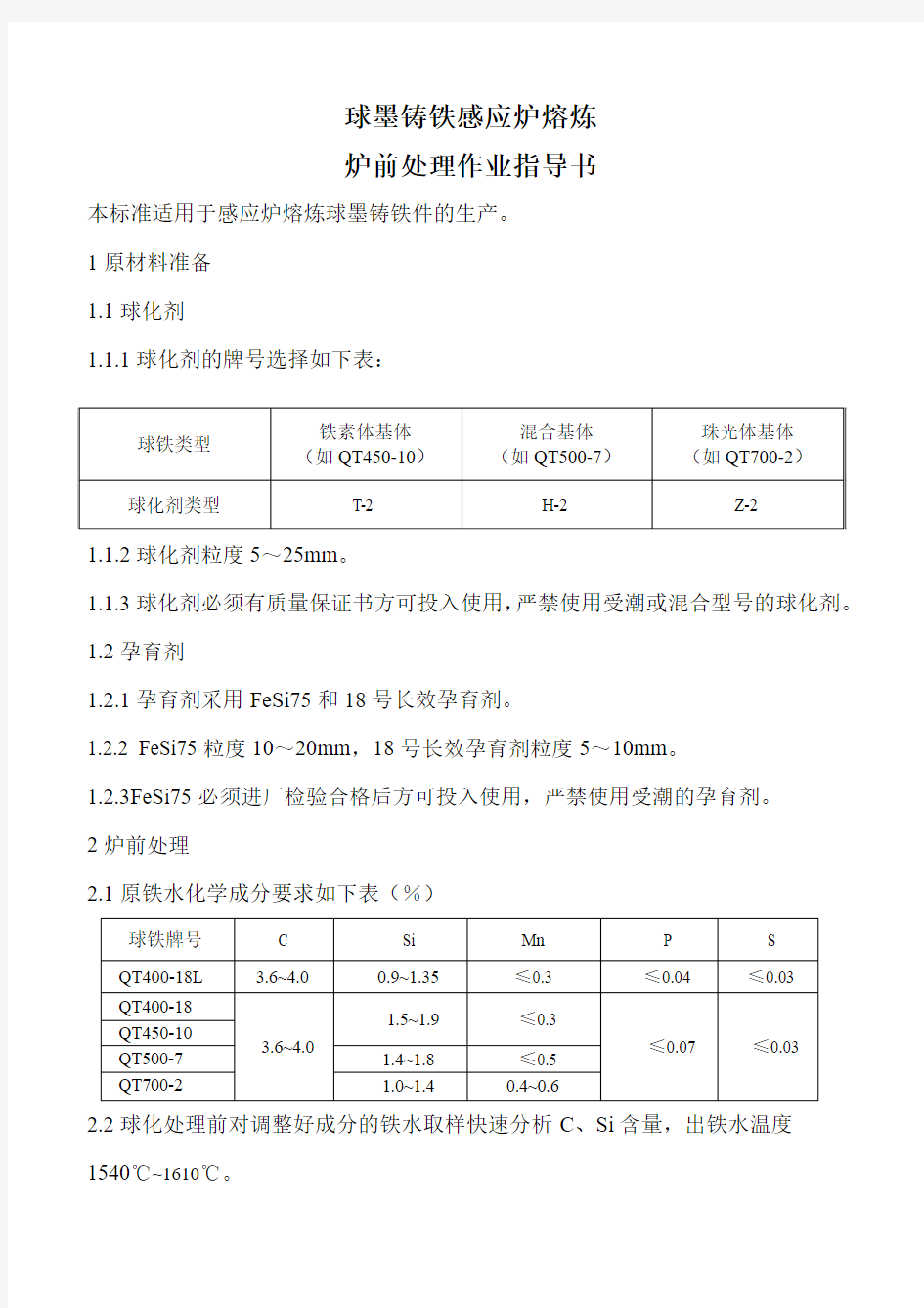 球墨铸铁感应炉熔炼炉前处理作业指导书-