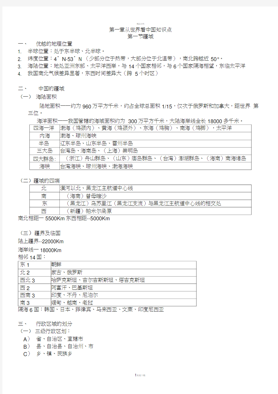 八年级上册地理《从世界看中国》知识点-汇总