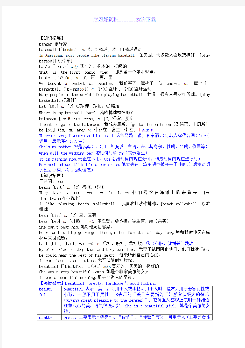 初中英语基本词汇语法解析以字母b开头的单词