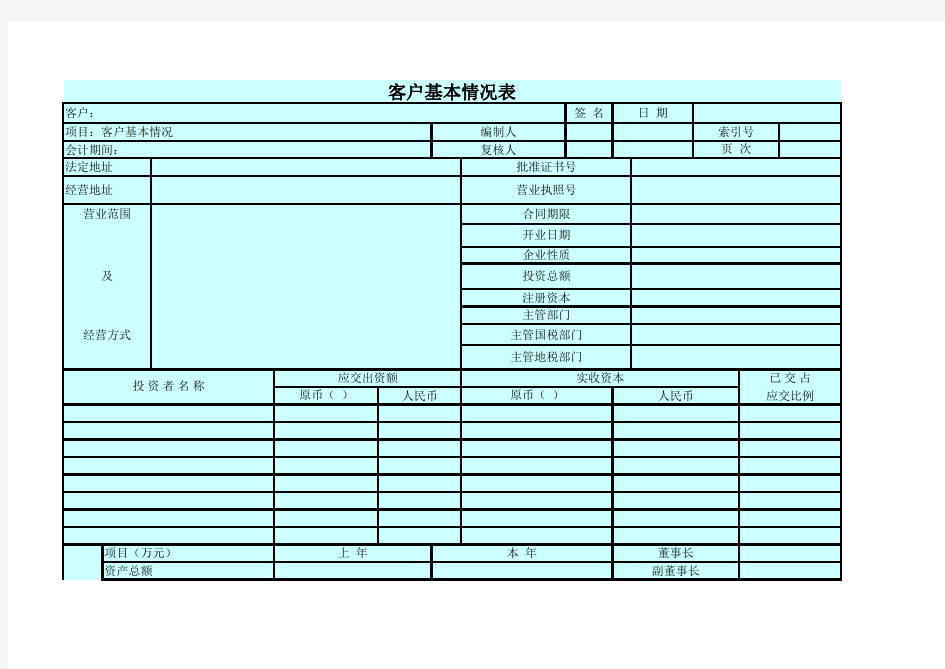 中注协最新审计工作底稿模板