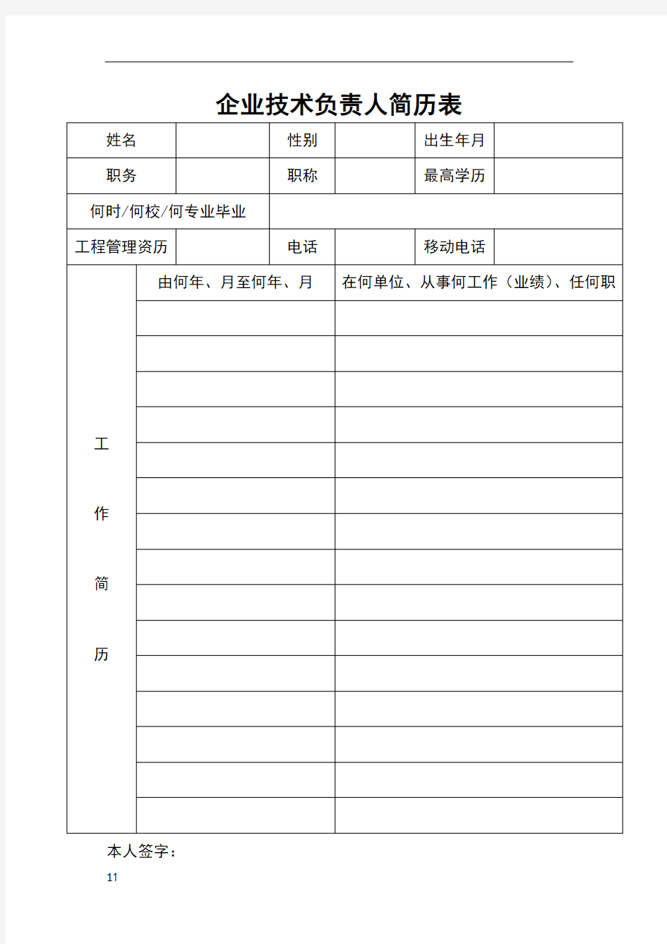 企业技术负责人简历表