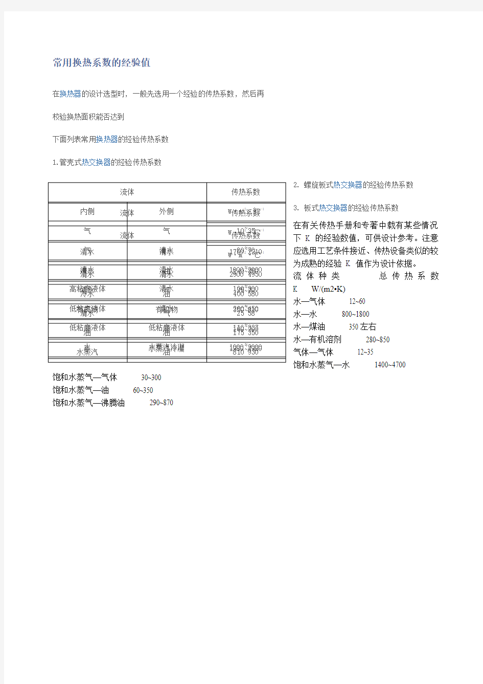 常用换热系数的经验值