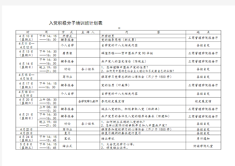 入党积极分子培训班计划表