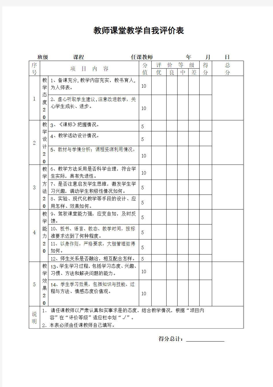 自我评价表