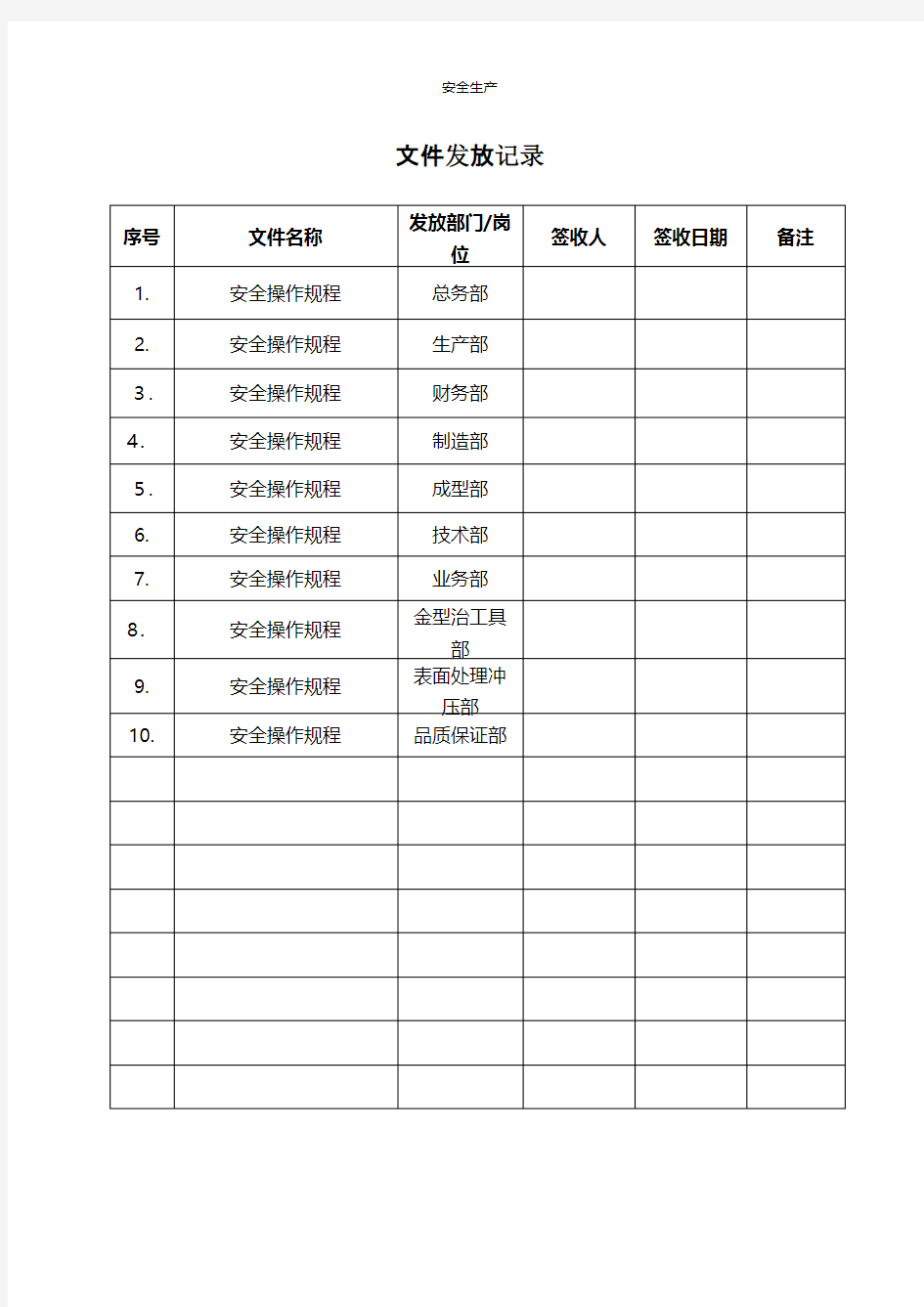 文件发放记录安全操作规程 安全生产规范化应急预案安全制度安全管理台账企业管理