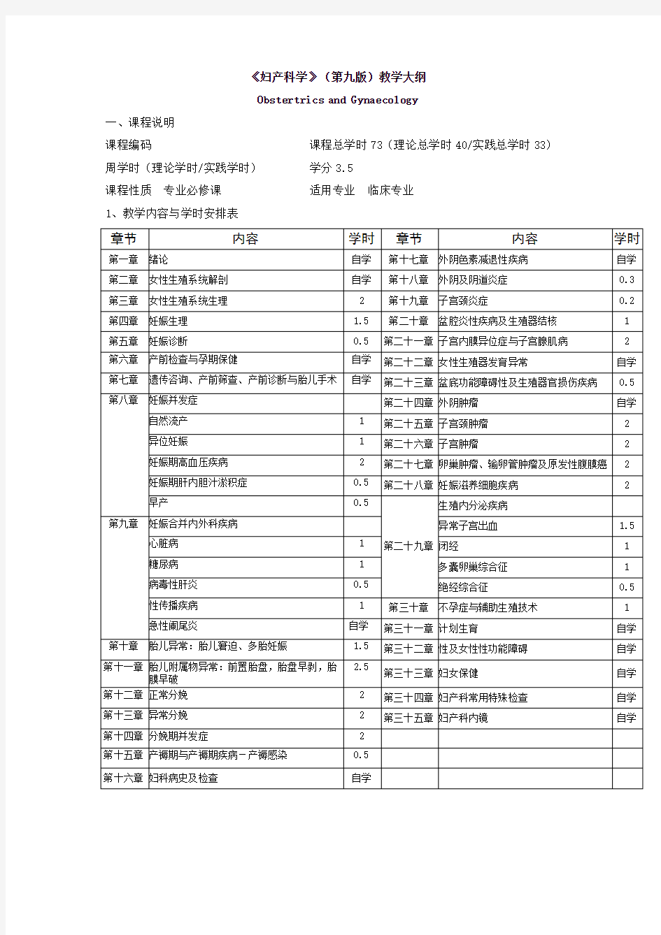 《妇产科学》(第9版)教学大纲(适用临床医学专业)