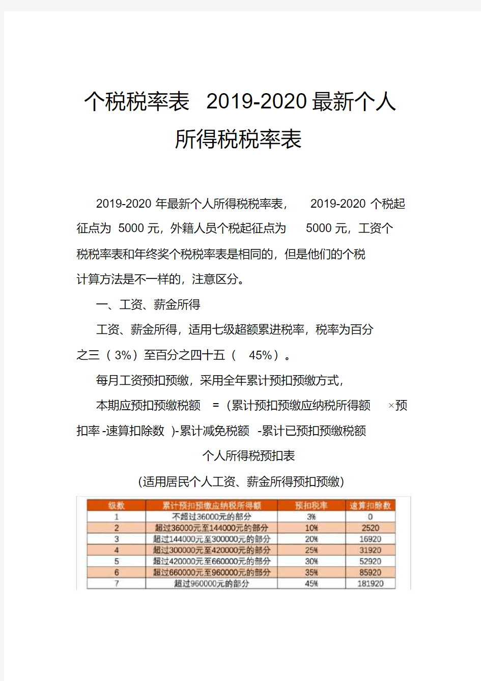 个税税率表2019-2020最新个人所得税税率表