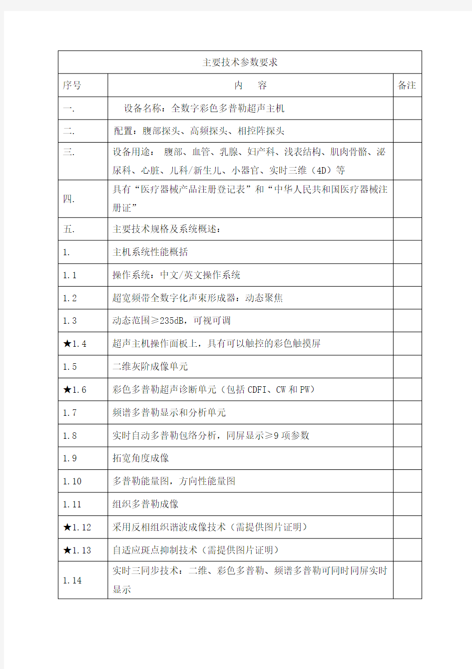 主要技术参数要求