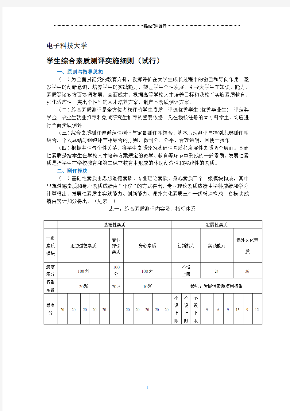 电子科技大学学生综合素质测评实施细则(试行)