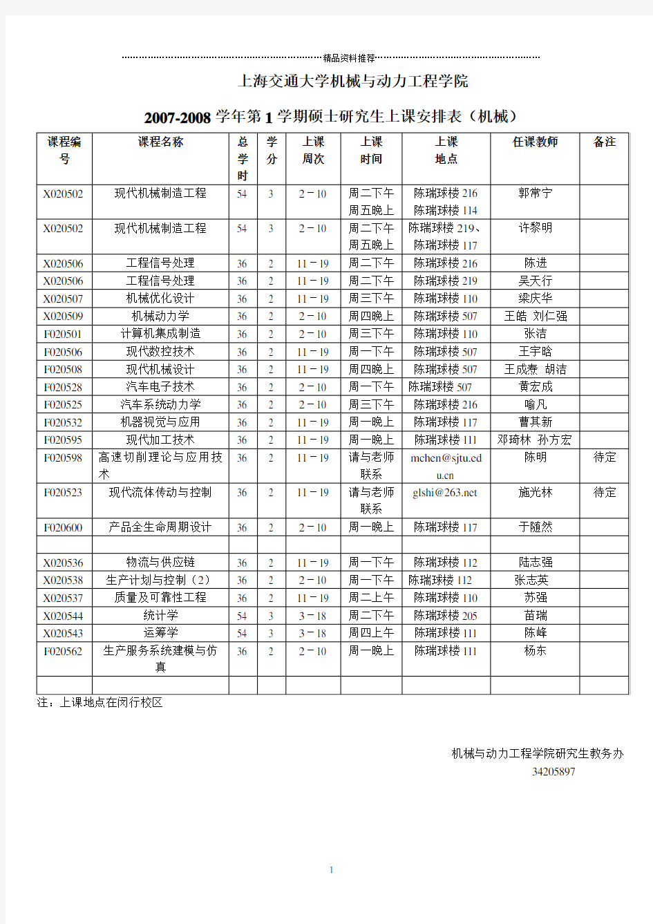 上海交通大学研究生教学安排和上课时间表