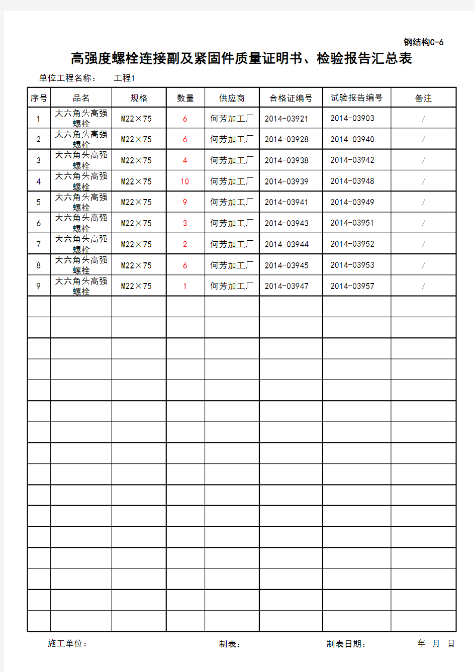 (上海市新版)高强度螺栓连接副及紧固件质量证明书、检验报告汇总表