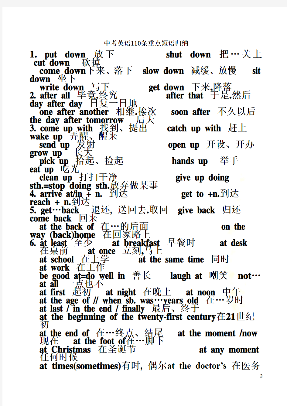 中考英语110条重点短语归纳1