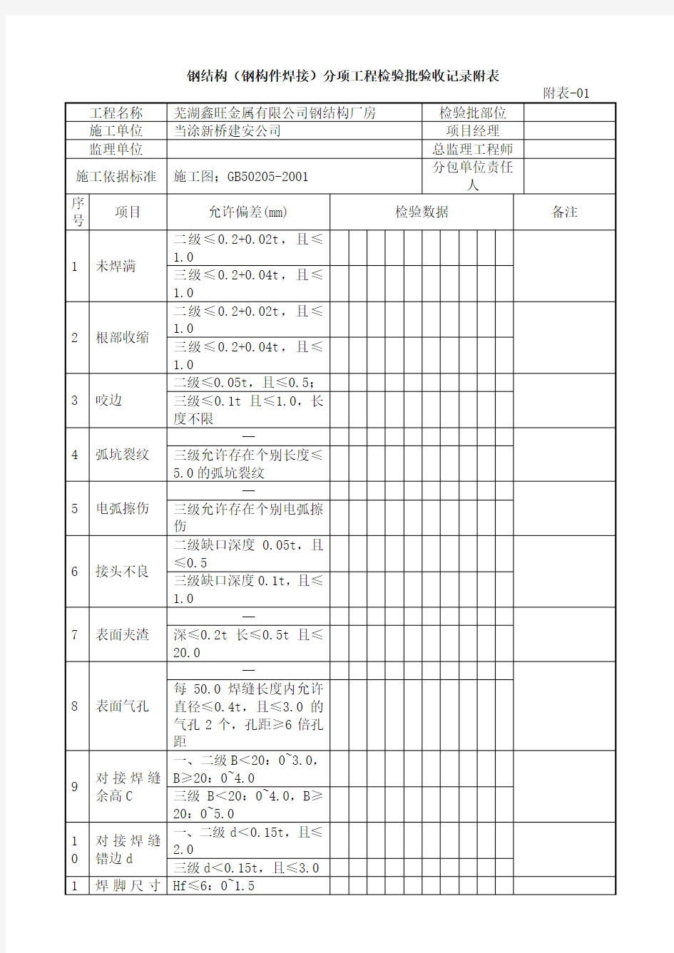 钢结构验收表格(通用)全套表格