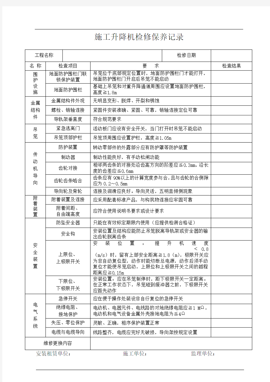 升降机维保记录表格201910