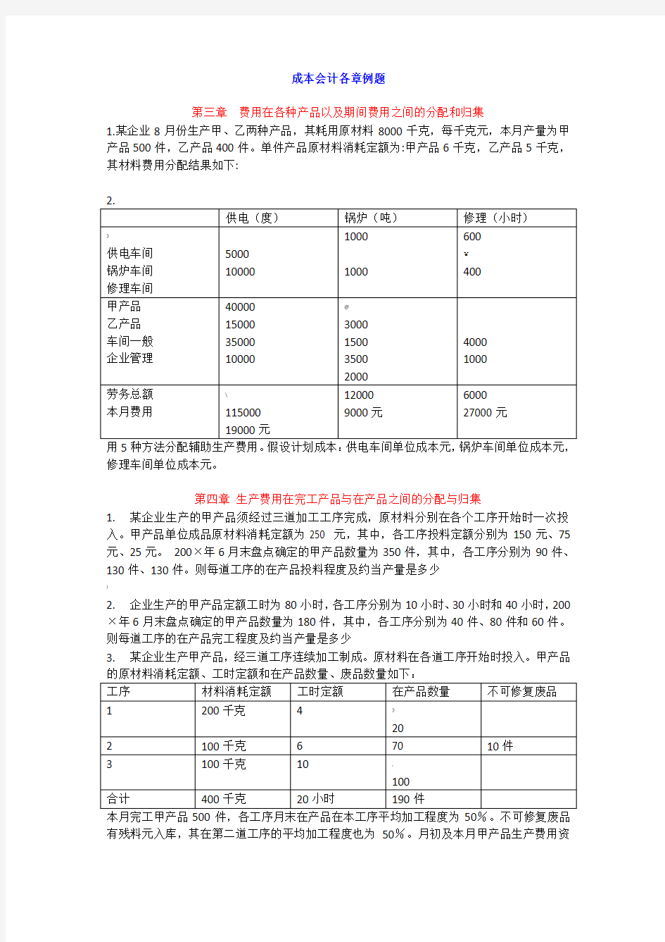 成本会计各章例题