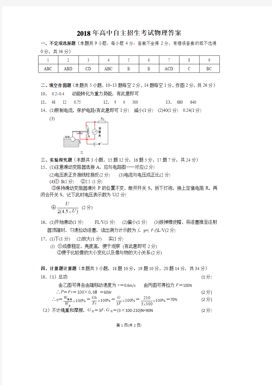 2018年高中自主招生考试物理答案