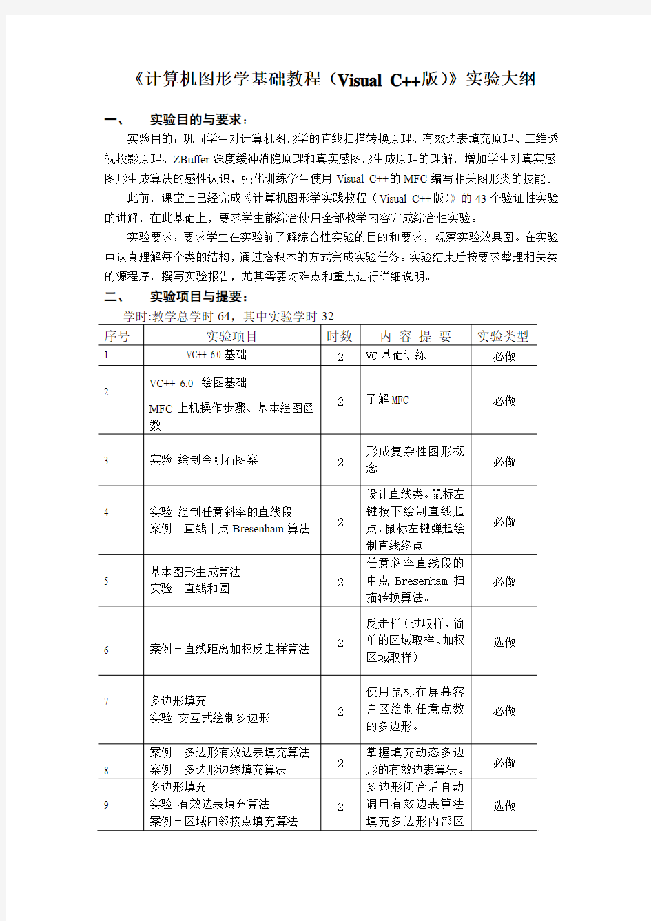 计算机图形学实验大纲