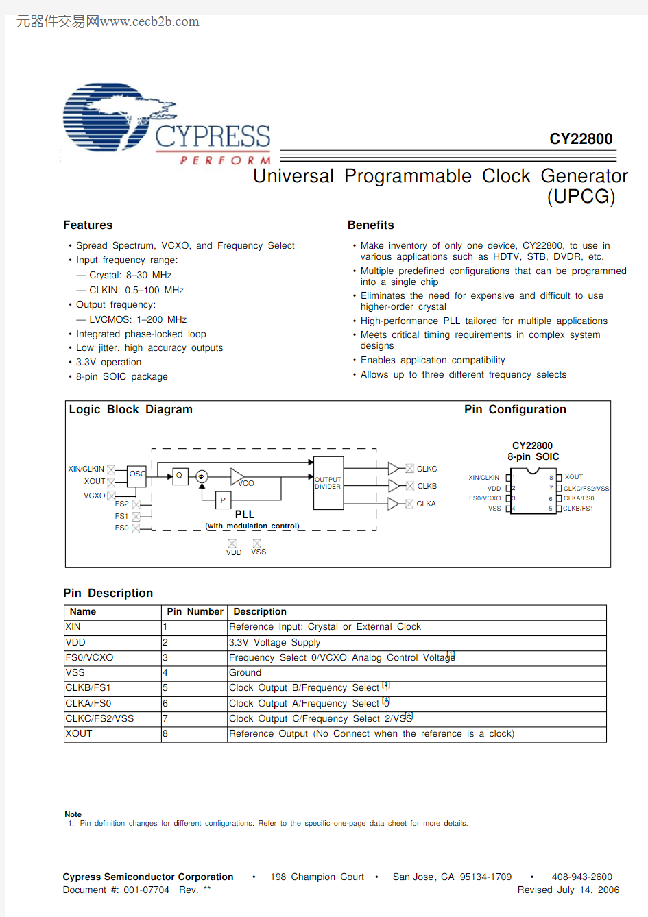 CY22800FXC中文资料