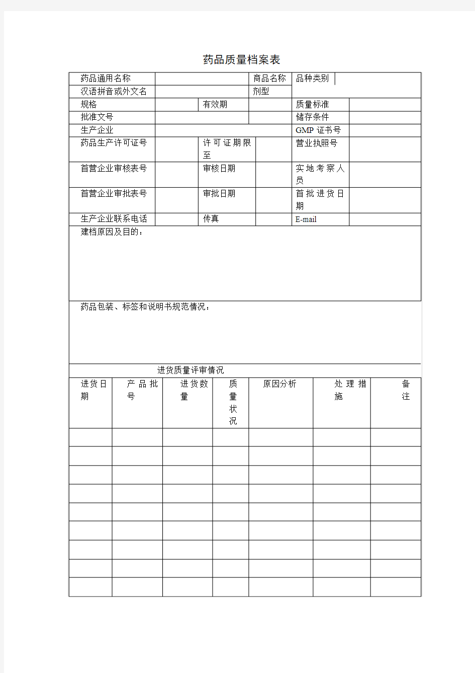 药品质量档案表