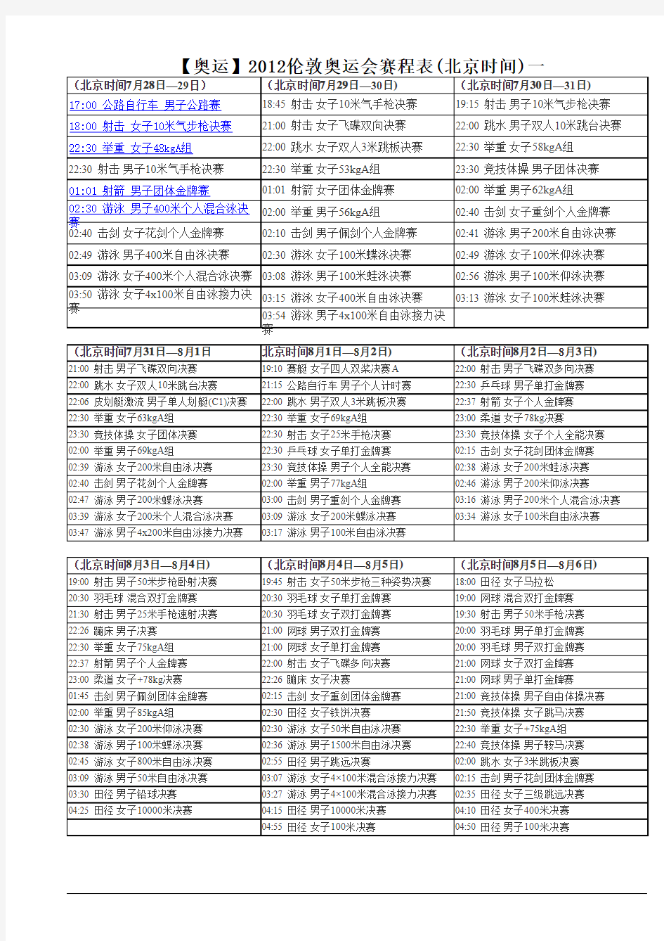 2012年第30届伦敦奥运会赛程表(北京时间)