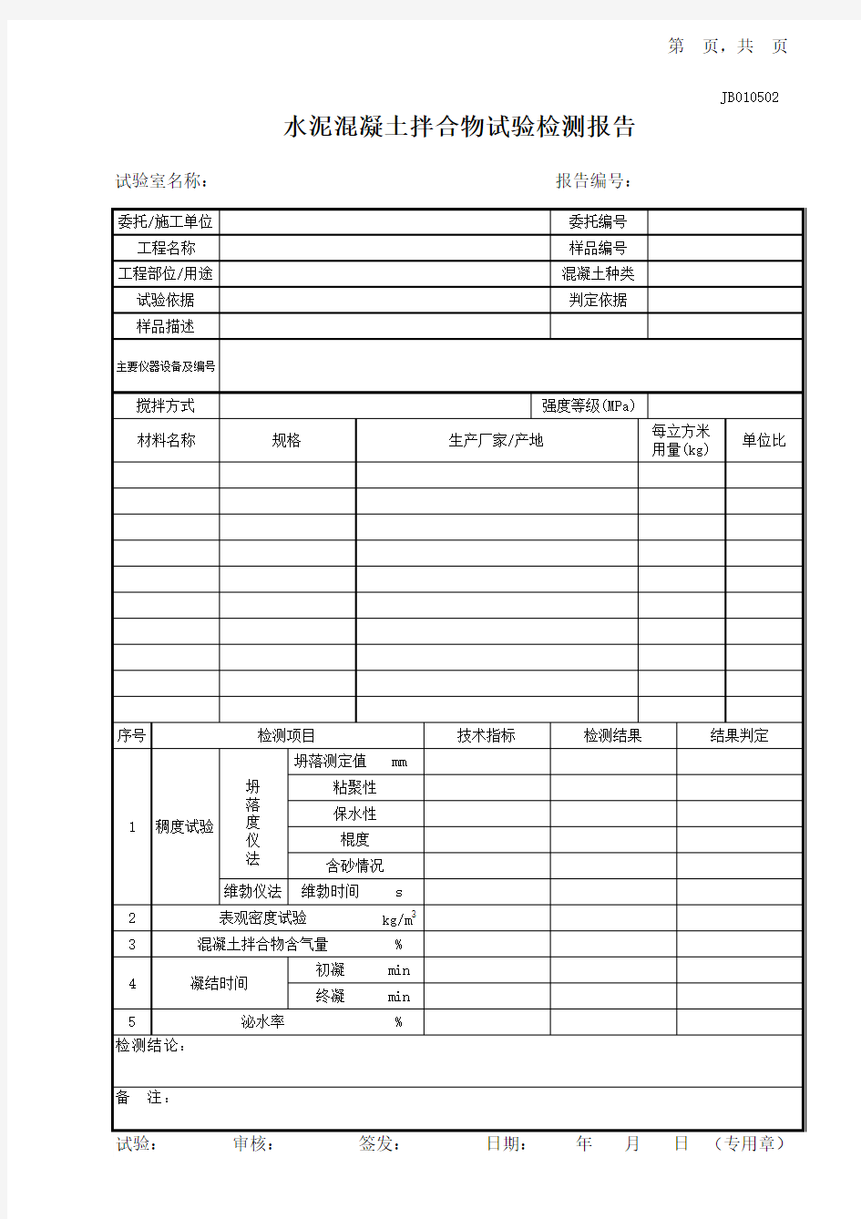 水泥混凝土拌合物试验检测报告