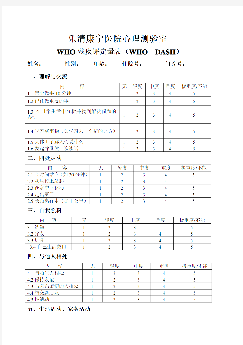 WHO-DASII精神残疾评定量表