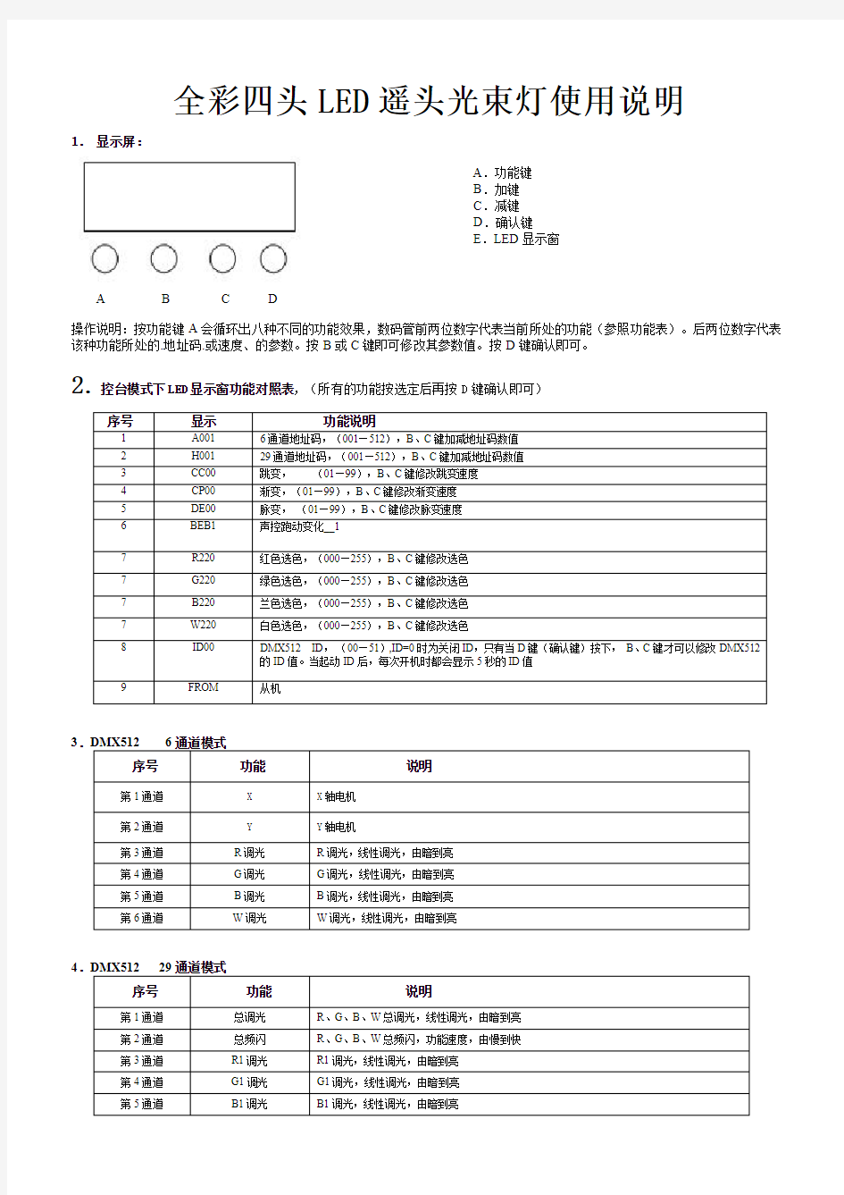 火亮灯光全彩四头LED摇头光束灯说明书