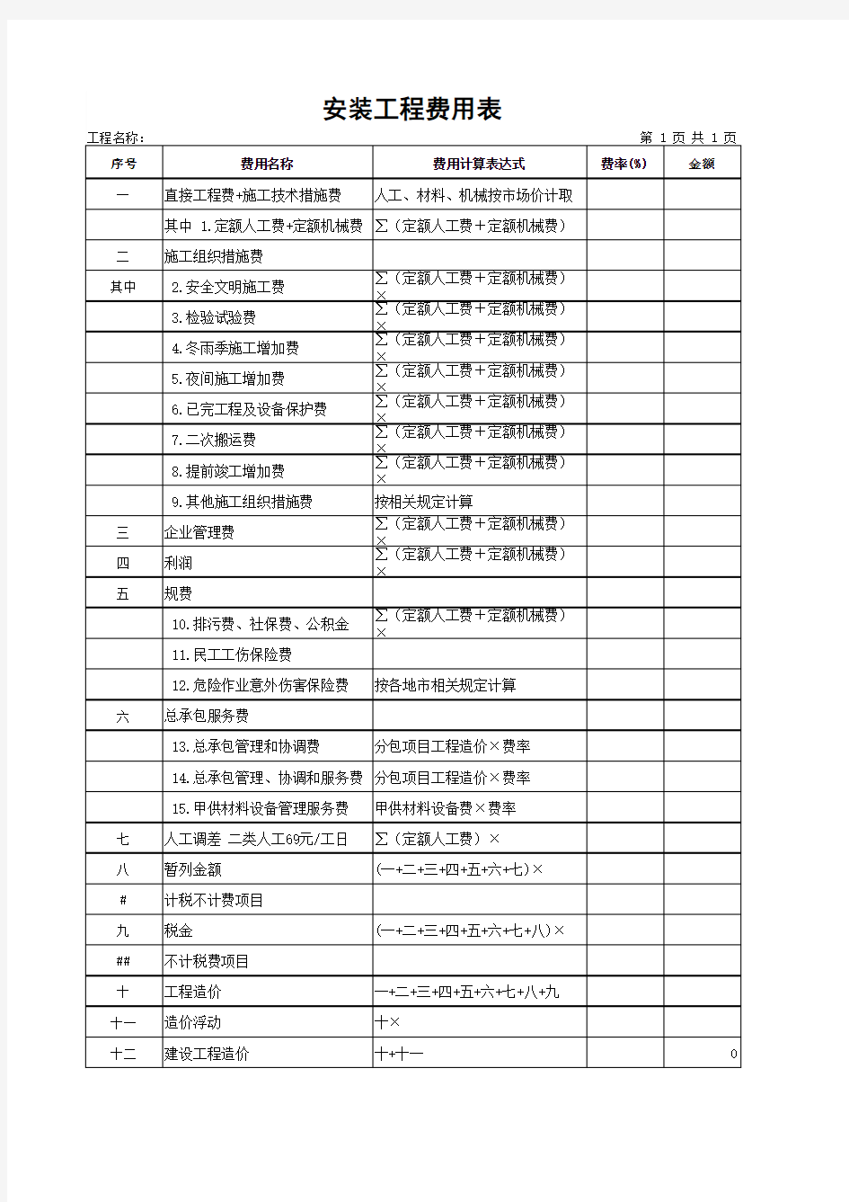 电力工程量清单模板