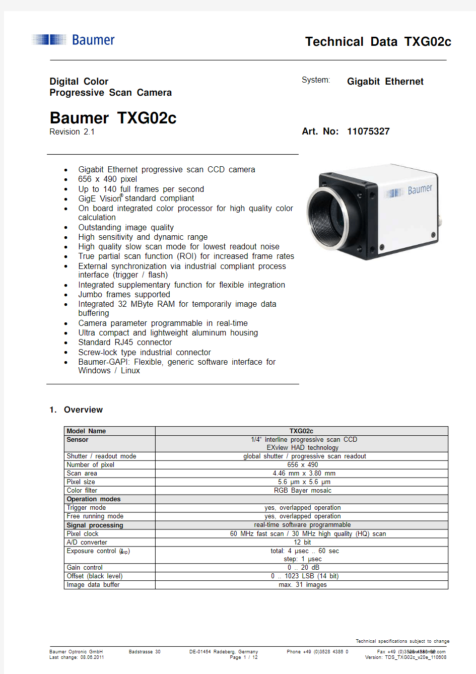 德国Baumer Gigabit千兆以太网相机