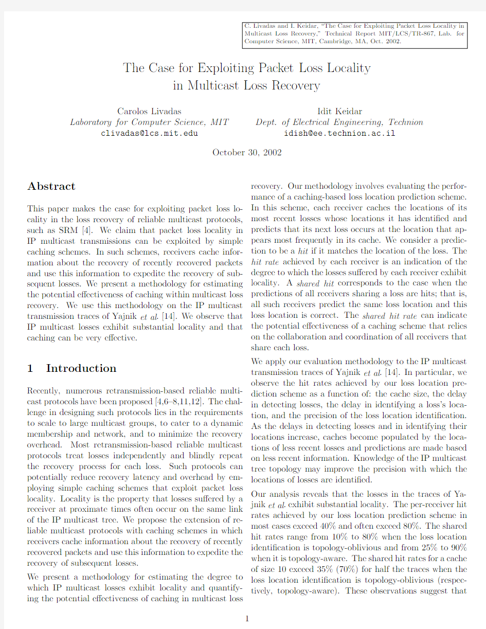 The Case for Exploiting Packet Loss Locality in Multicast Loss Recovery