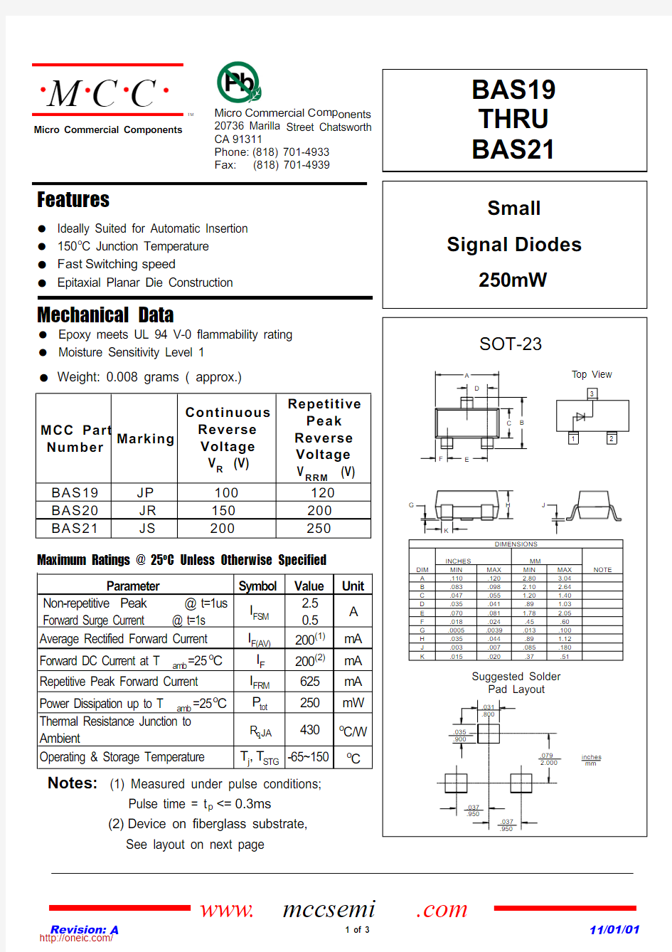 BAS20-TP;BAS19-TP;BAS21-TP;中文规格书,Datasheet资料