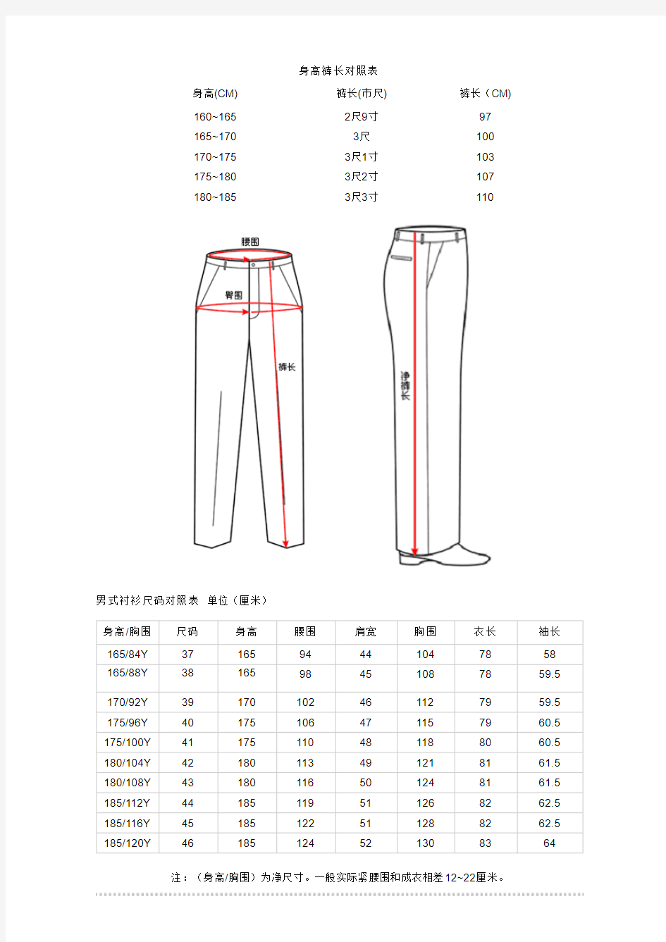 裤子尺寸对照表,衣服尺寸对照表,服装尺寸对照表 - 尺码对照表